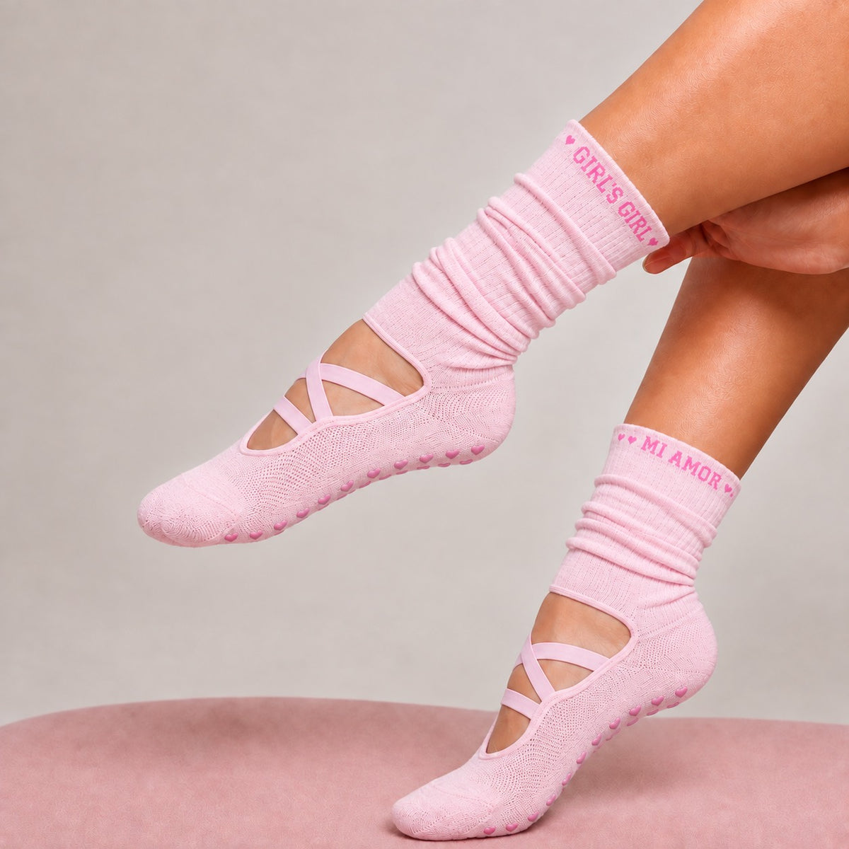 MI AMOR pink ballet-inspired grip socks with heart grips and crisscross straps